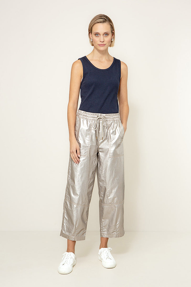 Trousers with a metallic look