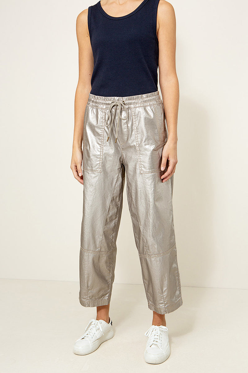 Trousers with a metallic look