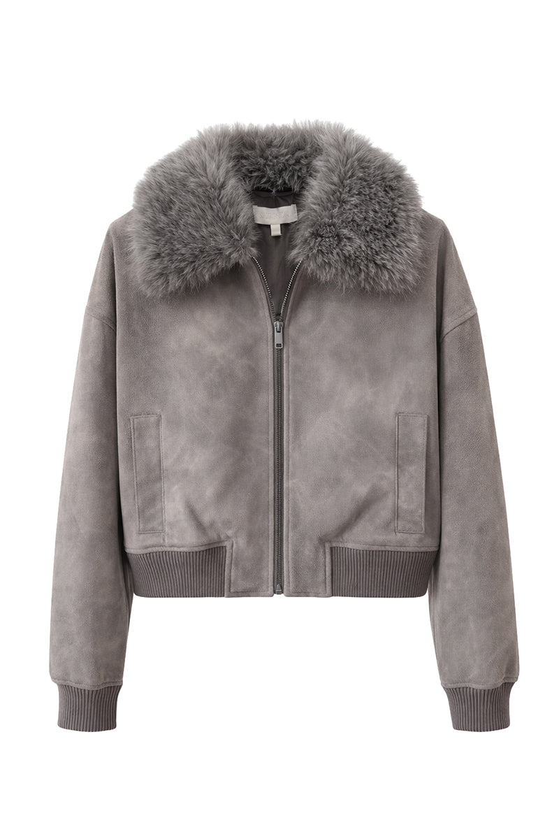 Jacket in vegan leather with faux fur collar