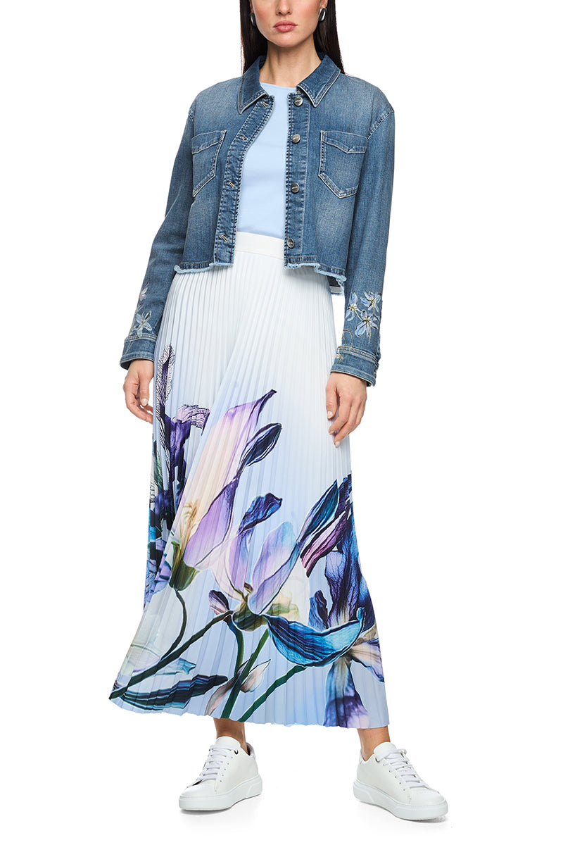 Denim jacket with floral print sleeves
