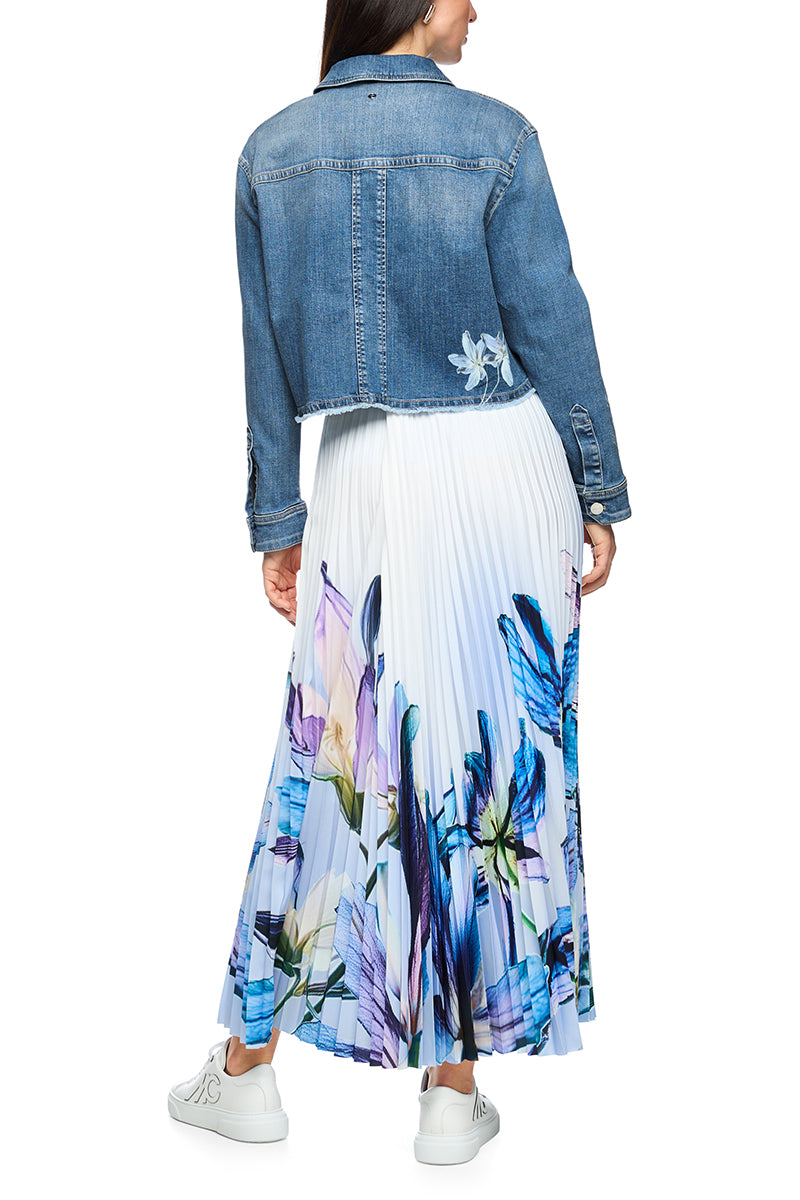 Denim jacket with floral print sleeves