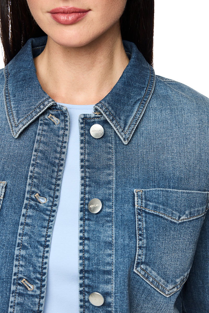 Denim jacket with floral print sleeves