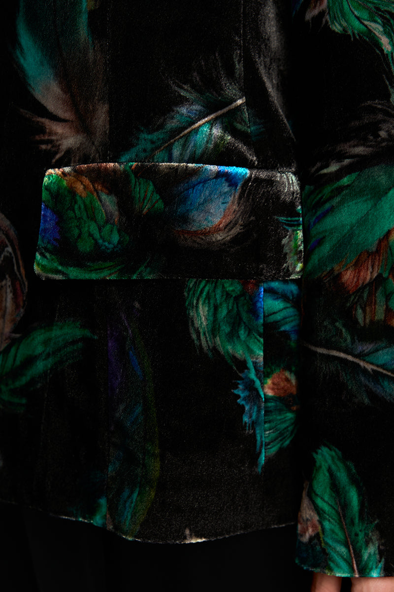 Velvet blazer with feather print