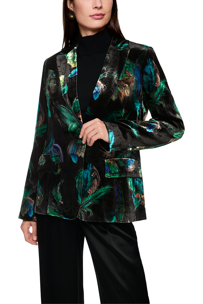 Velvet blazer with feather print