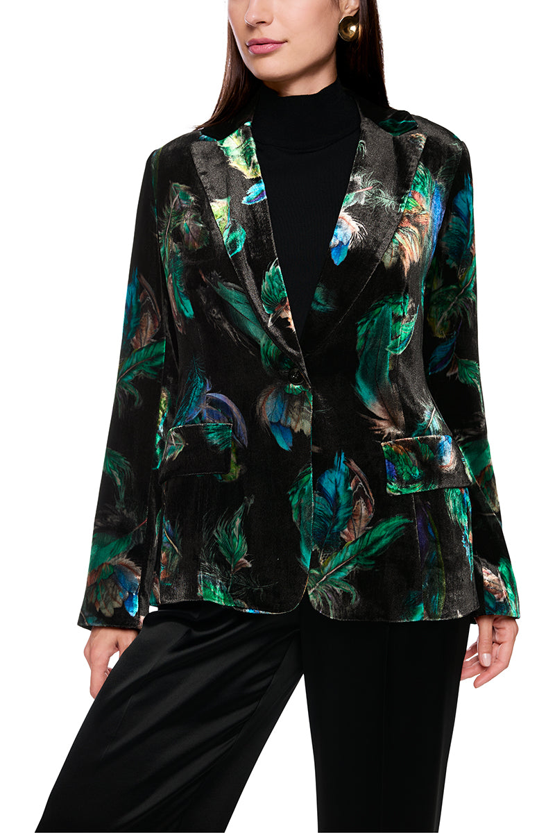 Velvet blazer with feather print