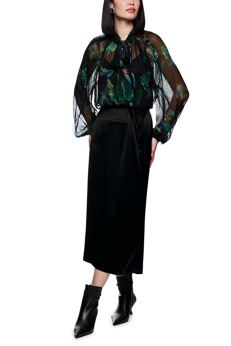 Calf-length skirt with draping