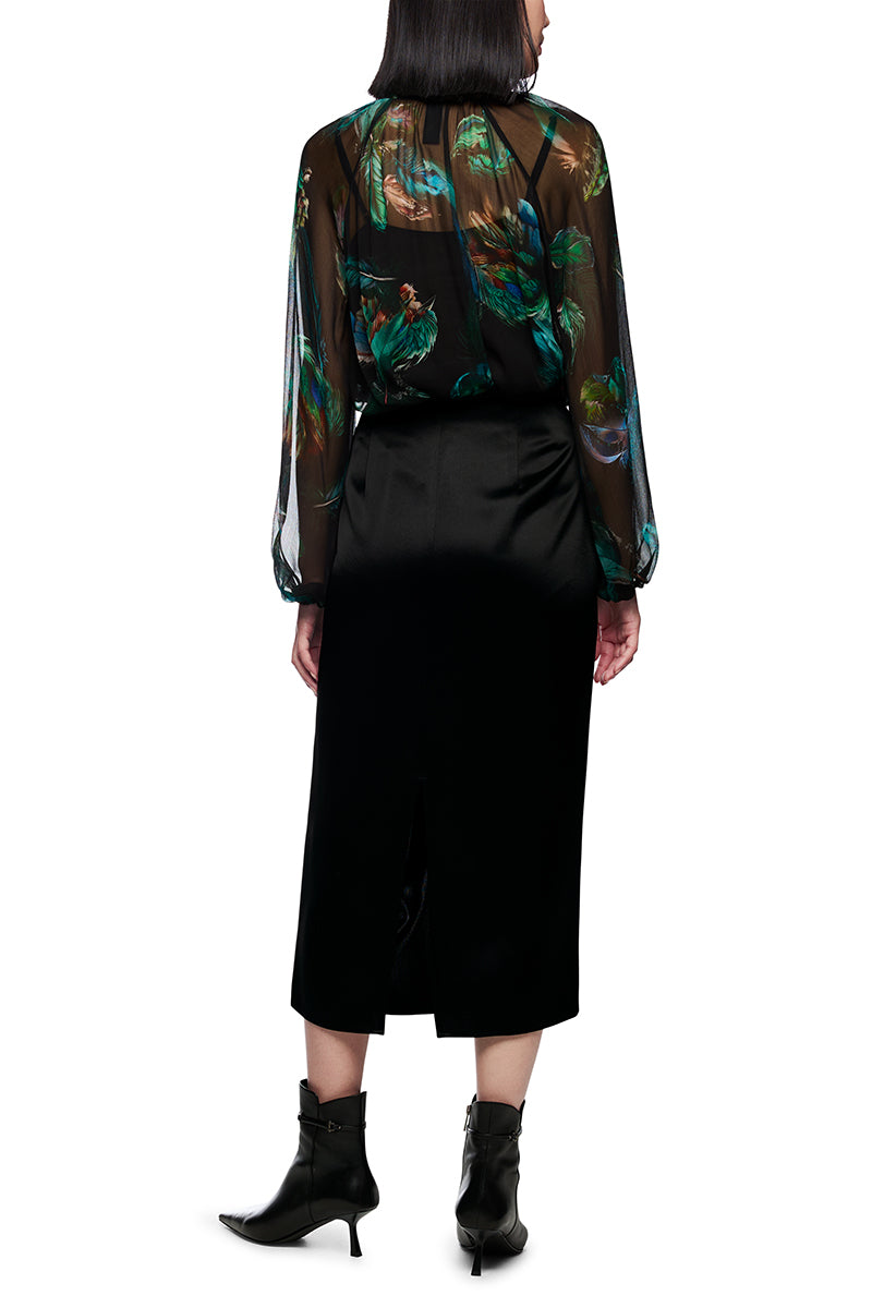 Calf-length skirt with draping