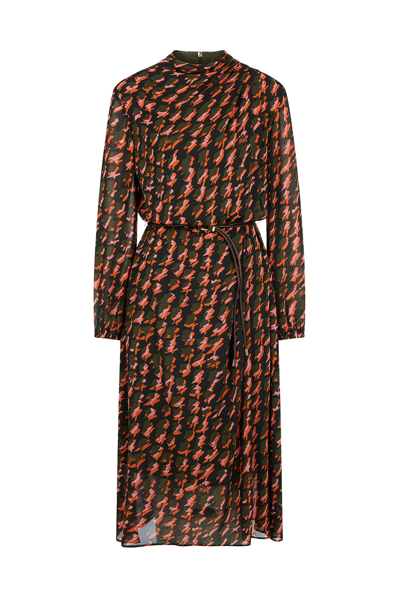 Printed dress with drawstring belt