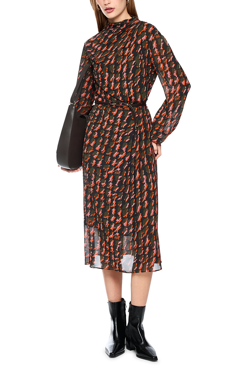 Printed dress with drawstring belt
