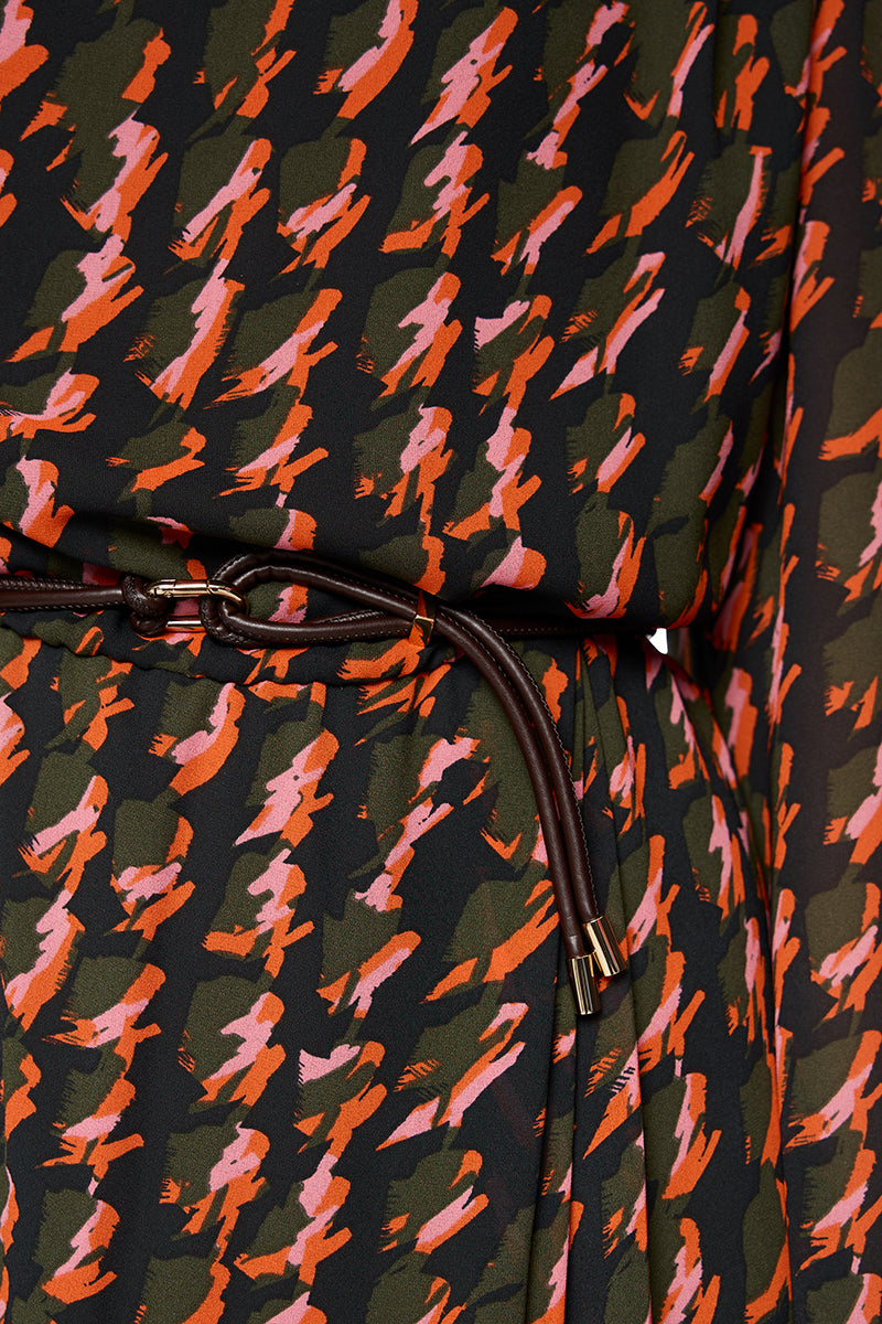 Printed dress with drawstring belt