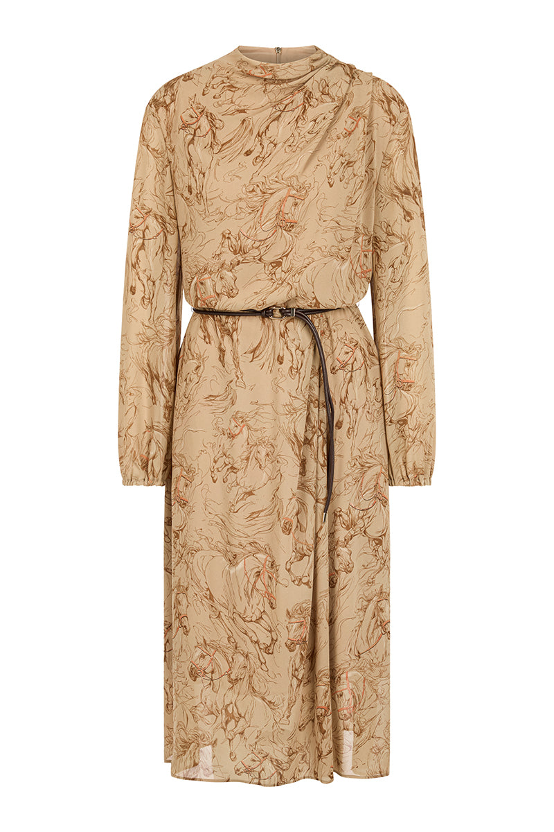 Printed dress with drawstring belt