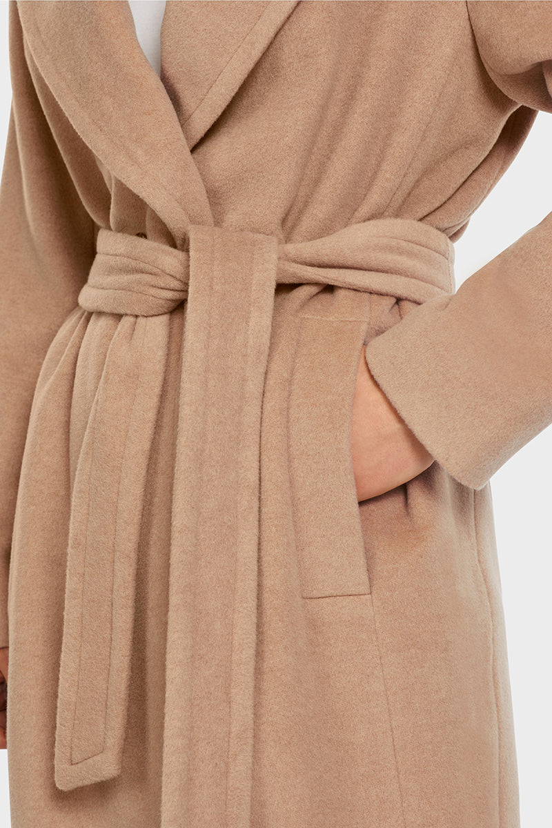 Wool coat with lapel and tie belt