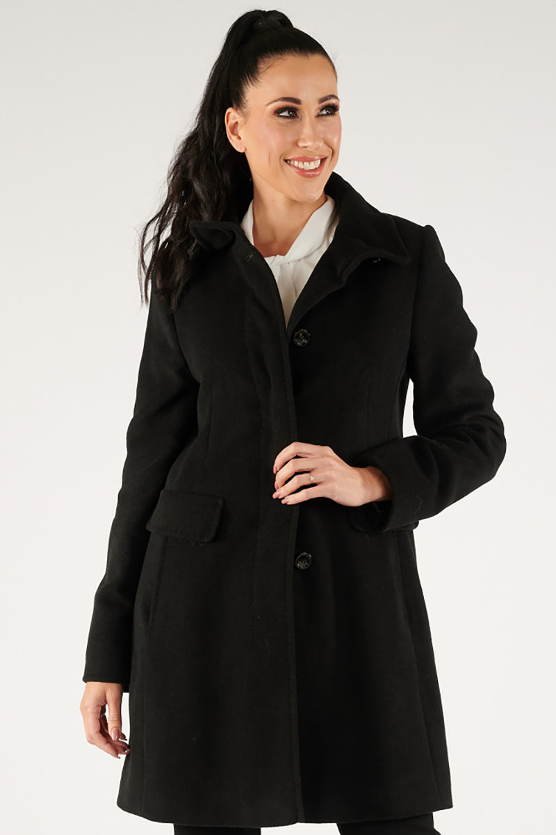 Wool coat with stand-up collar